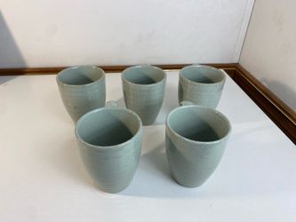 222 Fifth Studio Set of 5 Genuine Stoneware Coffee Mugs Sage Green Brown Striped