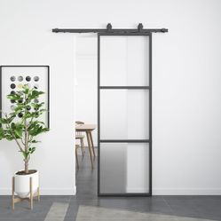 G-28in x 84in Frosted Glass Barn Door with 5FT Top Mounted Hardware kit Include Soft Close Mechanism Black Carbon Steel Tempered Frosted Glass Sliding