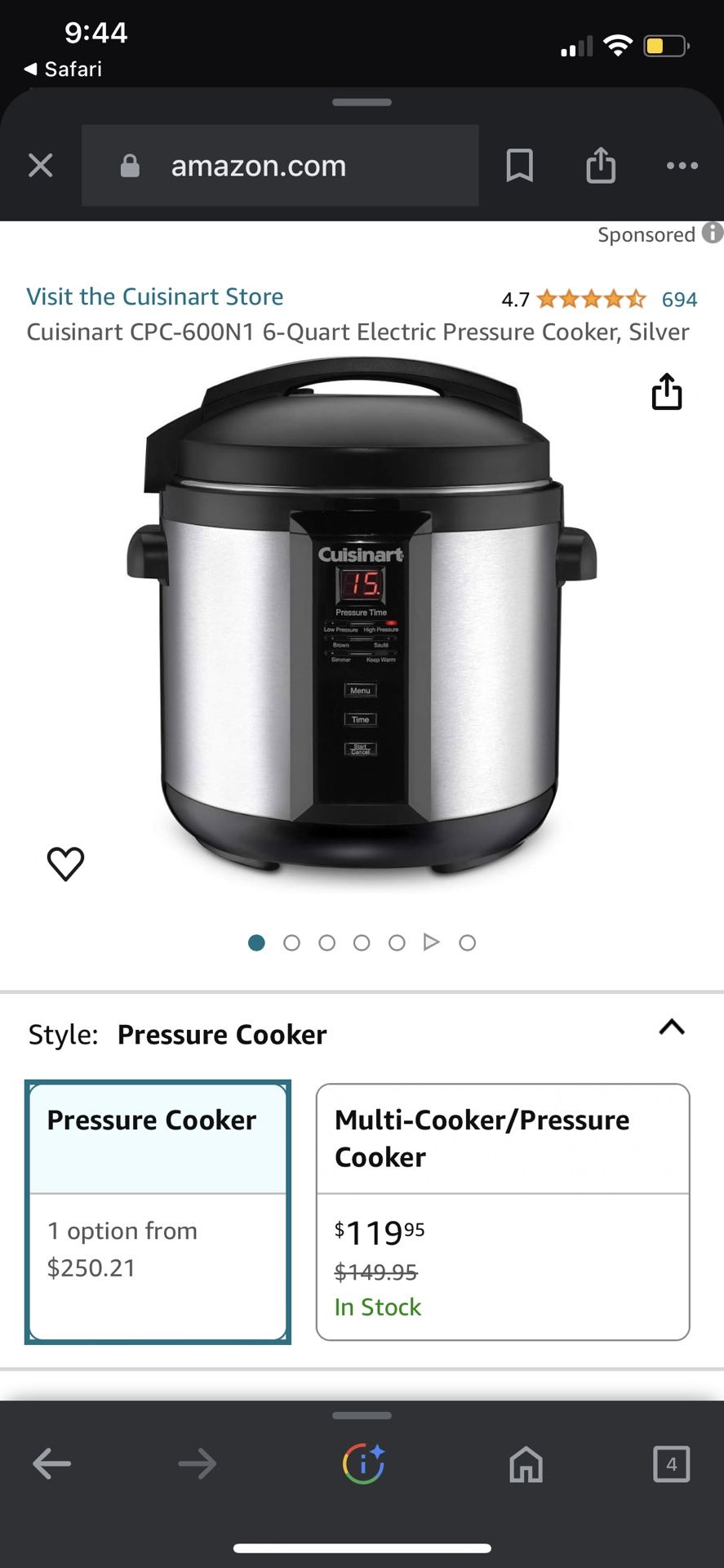 Cuisinart CPC 600N1 Quart Electric Pressure Cooker, Silver