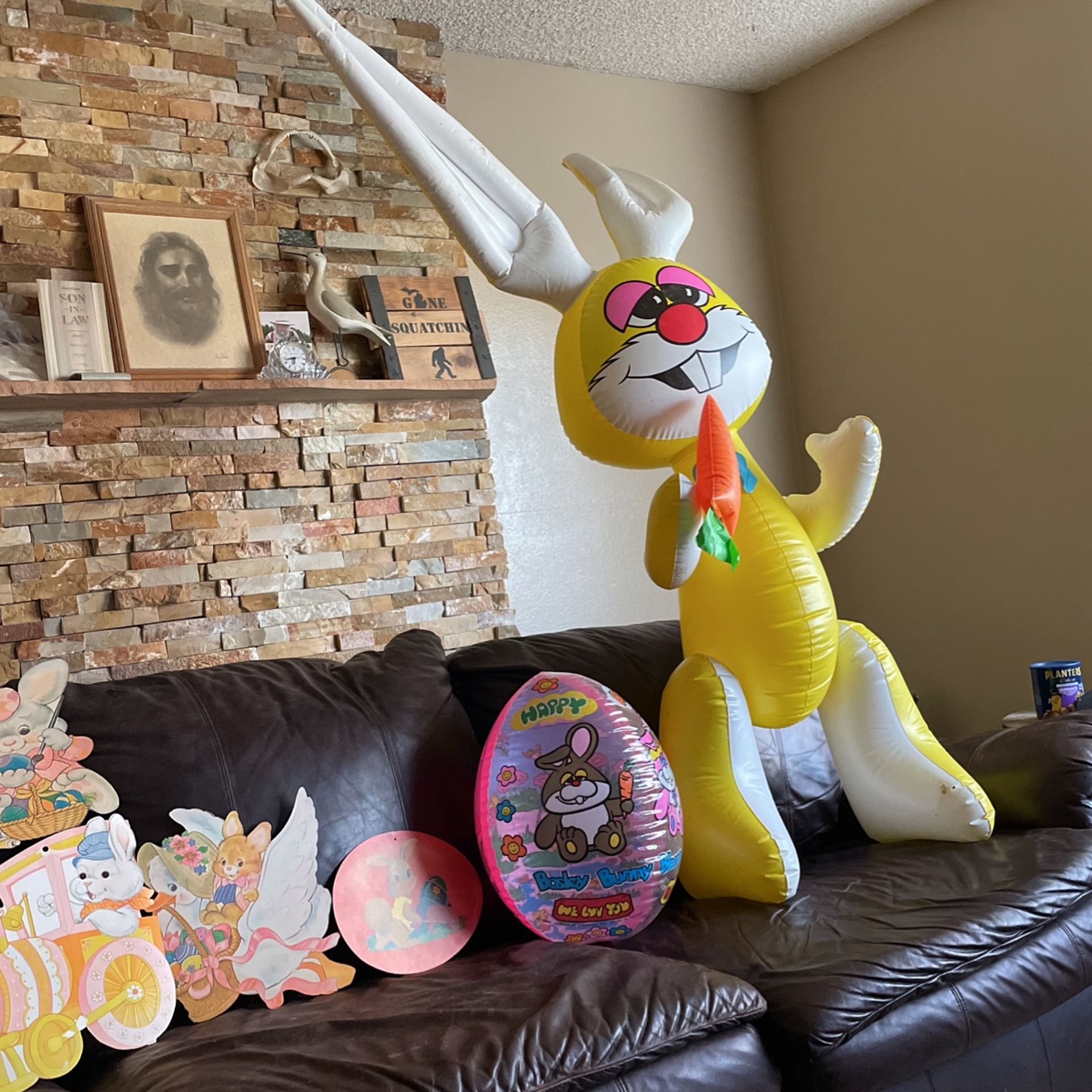 Vintage 6 Ft Inflatable Easter Bunny, 14 In Inflatable Easter Egg And Vintage Wall Hangings