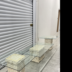Postmodern Coffee Table Set – 1 Center Table + 2 Side Tables – Fossil Stone (Mactan) & Glass Tops