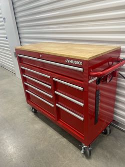 Husky 42 in. Red Mobile Workbench Cabinet with Solid Wood Top Regular