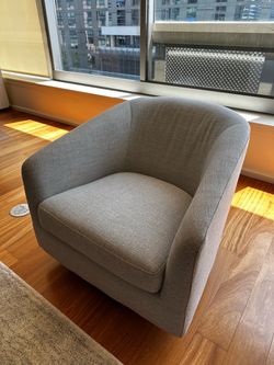 Mid Century Modern Gray Upholstered Swivel Barrel Chair