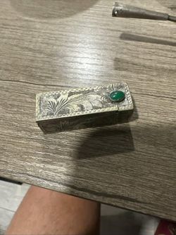 Vintage French Lipstick Case – Ornate Metal with Green Stone