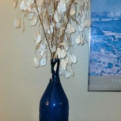 Large Blue Vase with White Feux Flowers