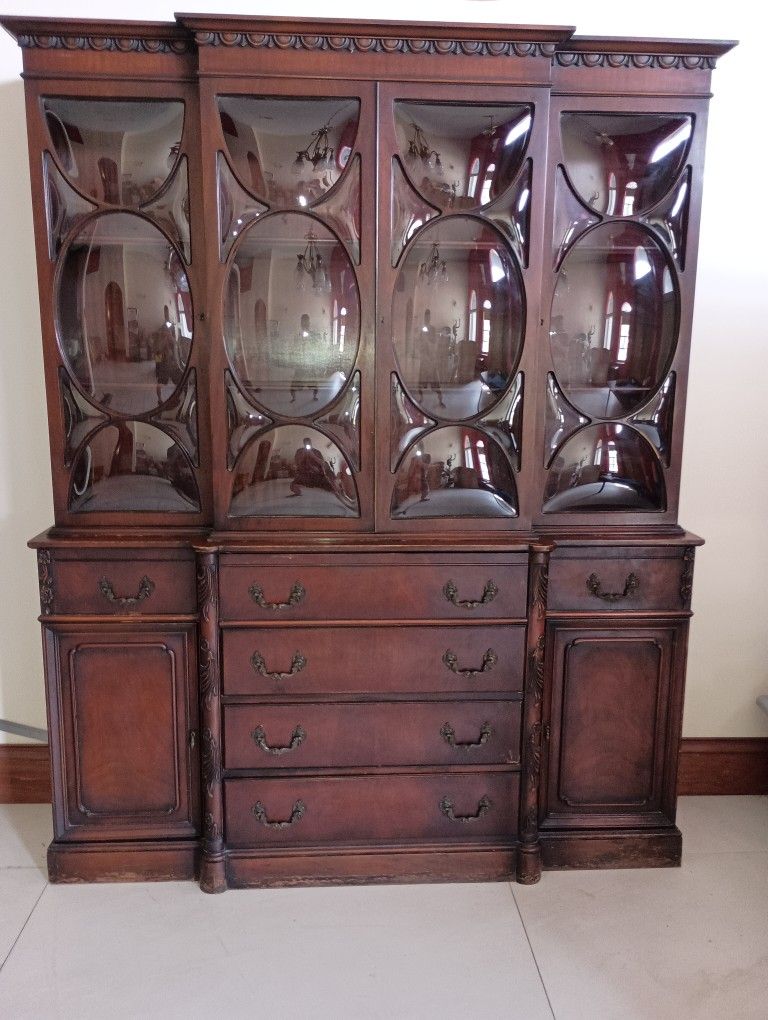 Antique Bubble Glass Mahogany Georgian Breakfront Writing Desk Cabinet Bookcase