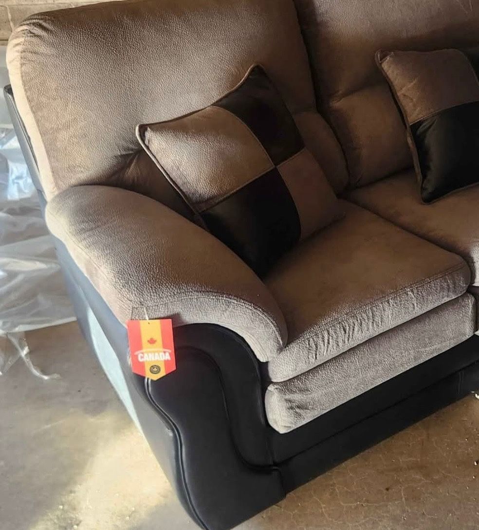Sofa by Fancy Loveseat – Two-Tone Fabric & Faux Leather – Made in Canada