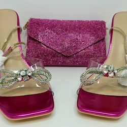 Women Size US 11 Wild Diva Square Toe Rhinestone Straps & Bow Clear Vamp High Heels & Rhinestone Clutch Purse