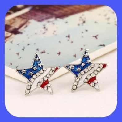 New Gorgeous Beauty Patriotic Star Stud Enamel Rhinestone Earrings Sparkles!