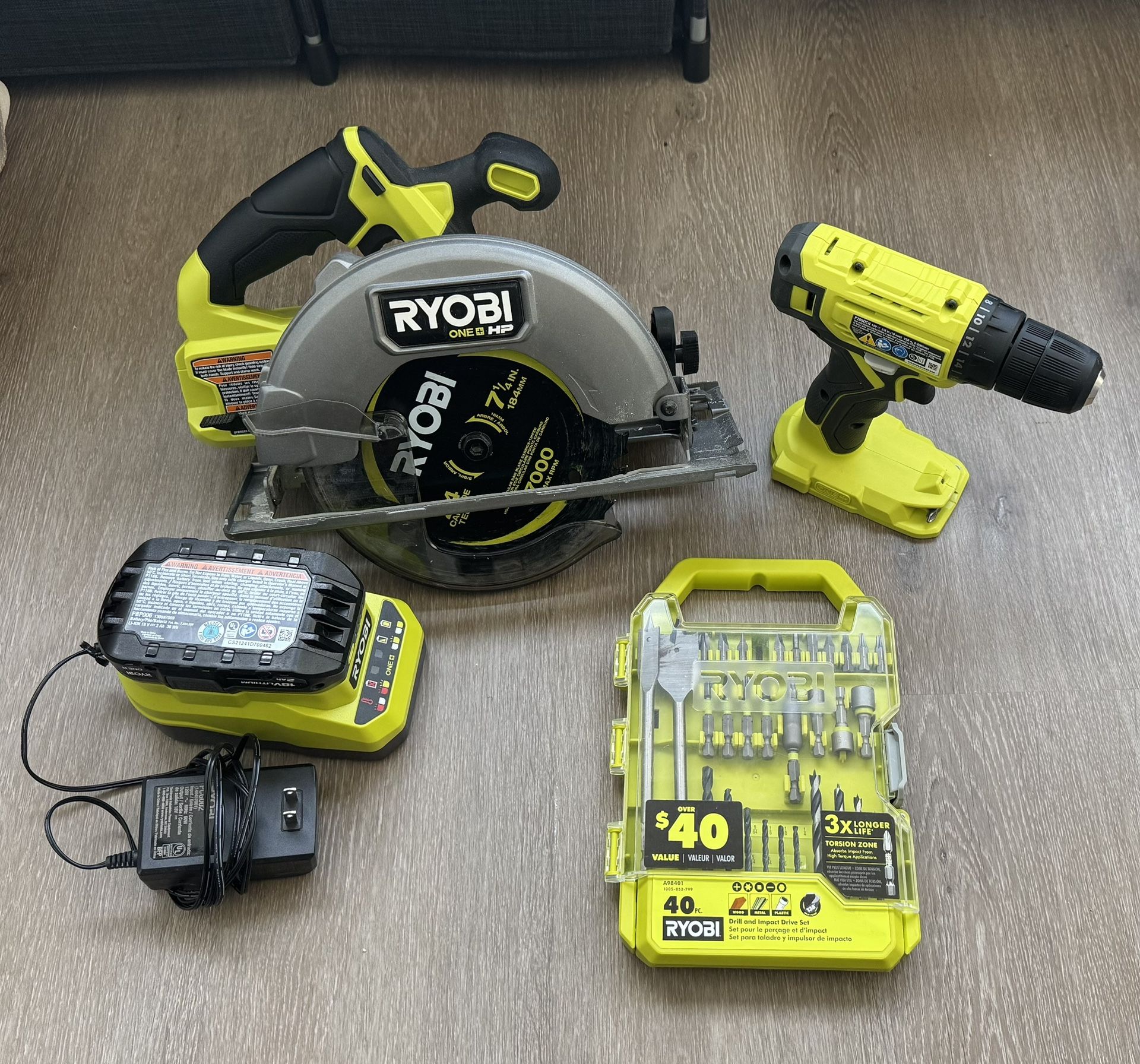 Ryobi Cordless Drill and Circular Saw Set with Battery, Charger, and 40+ Bits