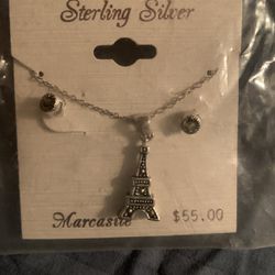 Sterling Silver Paris Eiffel And Marcasite EiffelTower Necklace & Earring Set