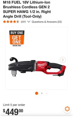 M18 FUEL 18V Lithium-lon Brushless Cordless GEN 2 SUPER HAWG 1/2 in. Right Angle Drill (Tool-Only)