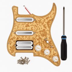 Wood Engraved SSH Strat Pickguard Prewired Hot Rails Set + Trem Arm + Hardware