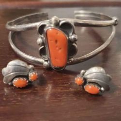 Sterling Silver, Coral. Bracelet And Earrings.