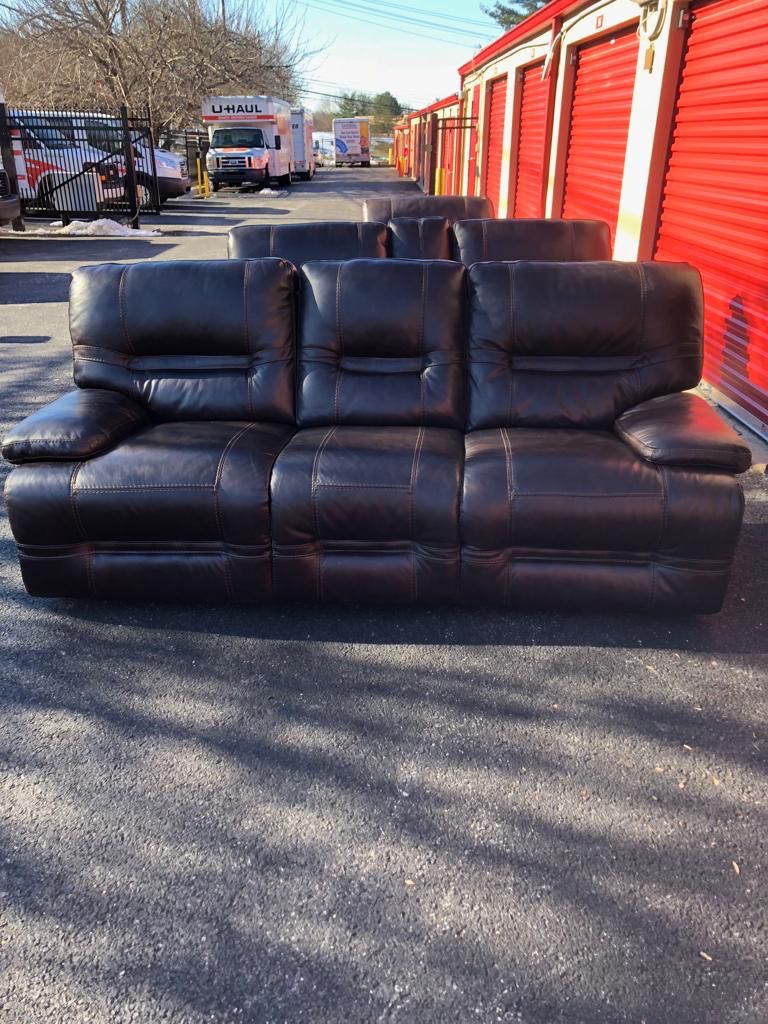 Real genuine Italian leather recliner sofa loveseat with cup holder and chair brown