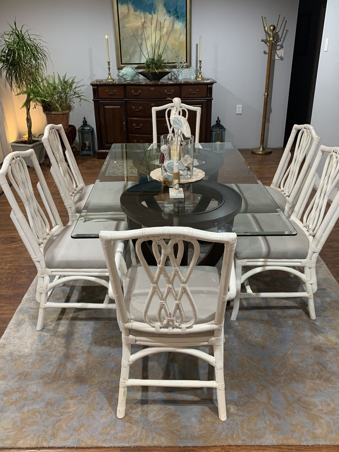 Ratan white chairs-Glass top table