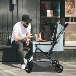 Pet Stroller for Medium Dogs Cats, with Dog Poop Bags, Reversible Handlebar, Tethers, Storage Basket