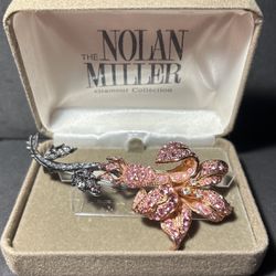 Vintage Nolan Miller, Rose & Leaf Brooch Pin With Pink & Clear Rhinestones