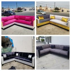 BRAND NEW 7X9FT Sectional Sofa. Velveat Black Combo, Gold Combo Pink Combo Charcoal  Fabric Couch Sofa  Set . More color Available To Choose From 