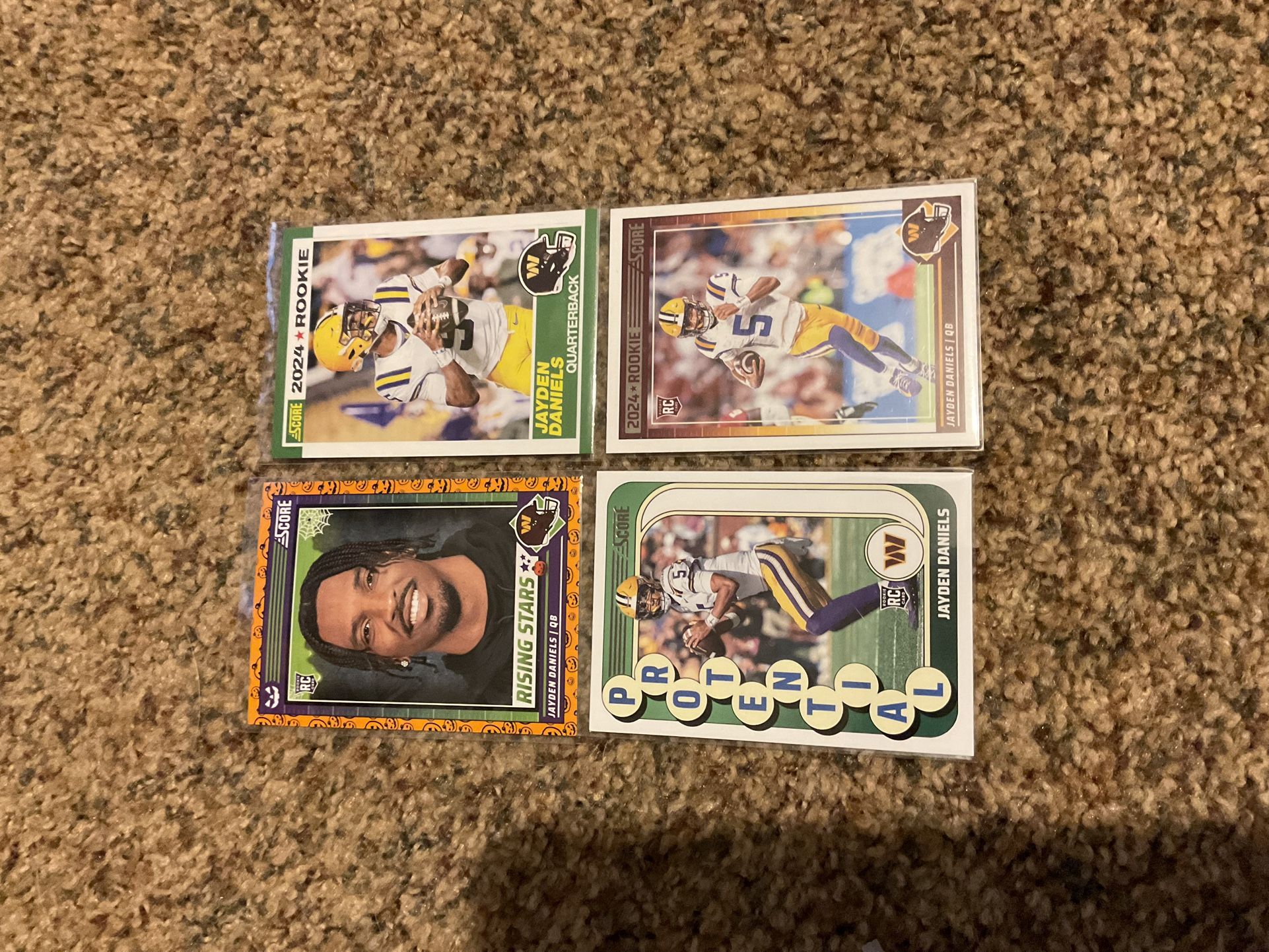 4 Jayden Daniels Rookie Football Cards With Score Orange Pumpkins Parallel Washington Commanders Rookie Of The Year