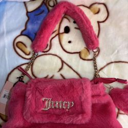 Juicy Couture Fluffy Pink Shoulder Bag Purse w/Sparkle Logo Free Love