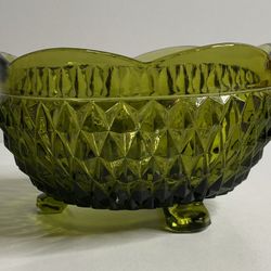 Vintage Indiana Green Glass Diamond Point Scalloped 3 Foot Candy Dish