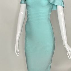 Teal Off-Shoulder Bandage Dress – Midi Bodycon – 44” Length