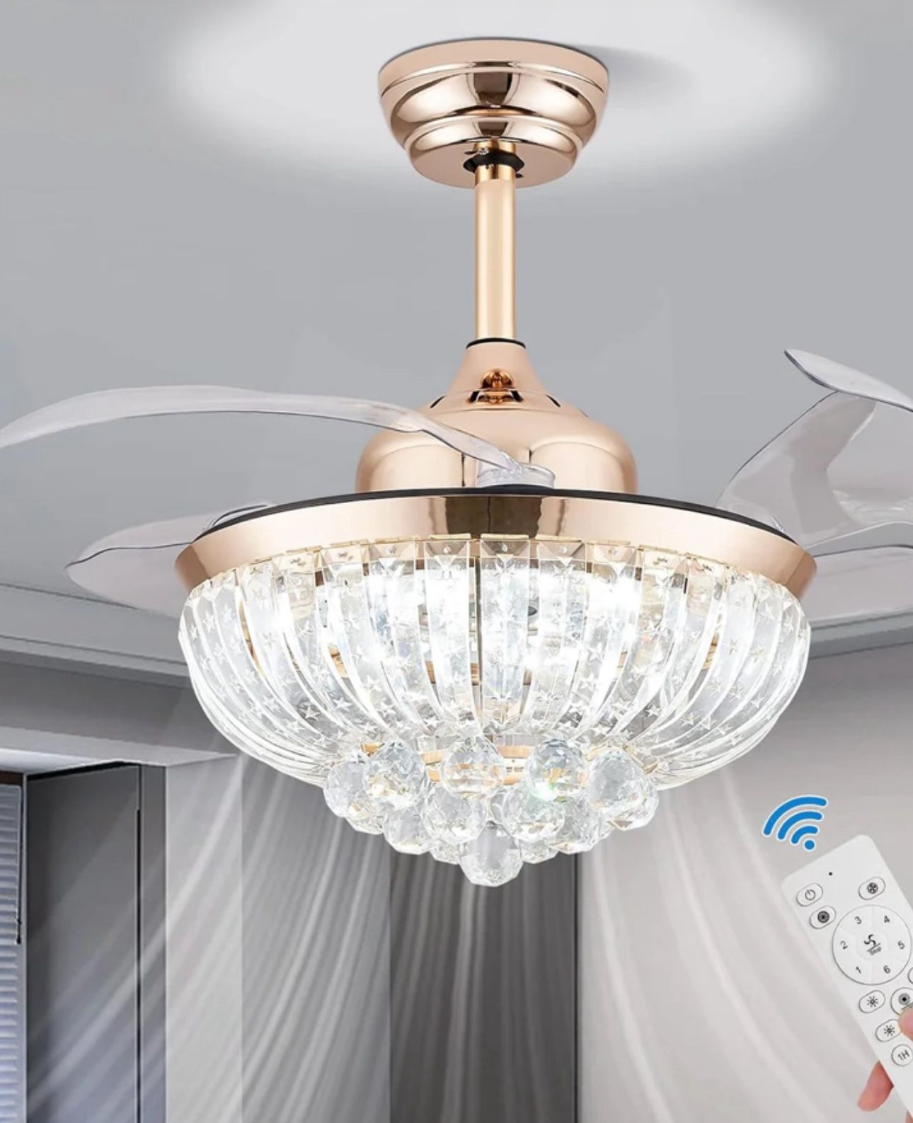 ONLY $65: 22” Fandelier Crystal Ceiling Fan with Light and Remote,Retractable Chandelier Ceiling Fan
