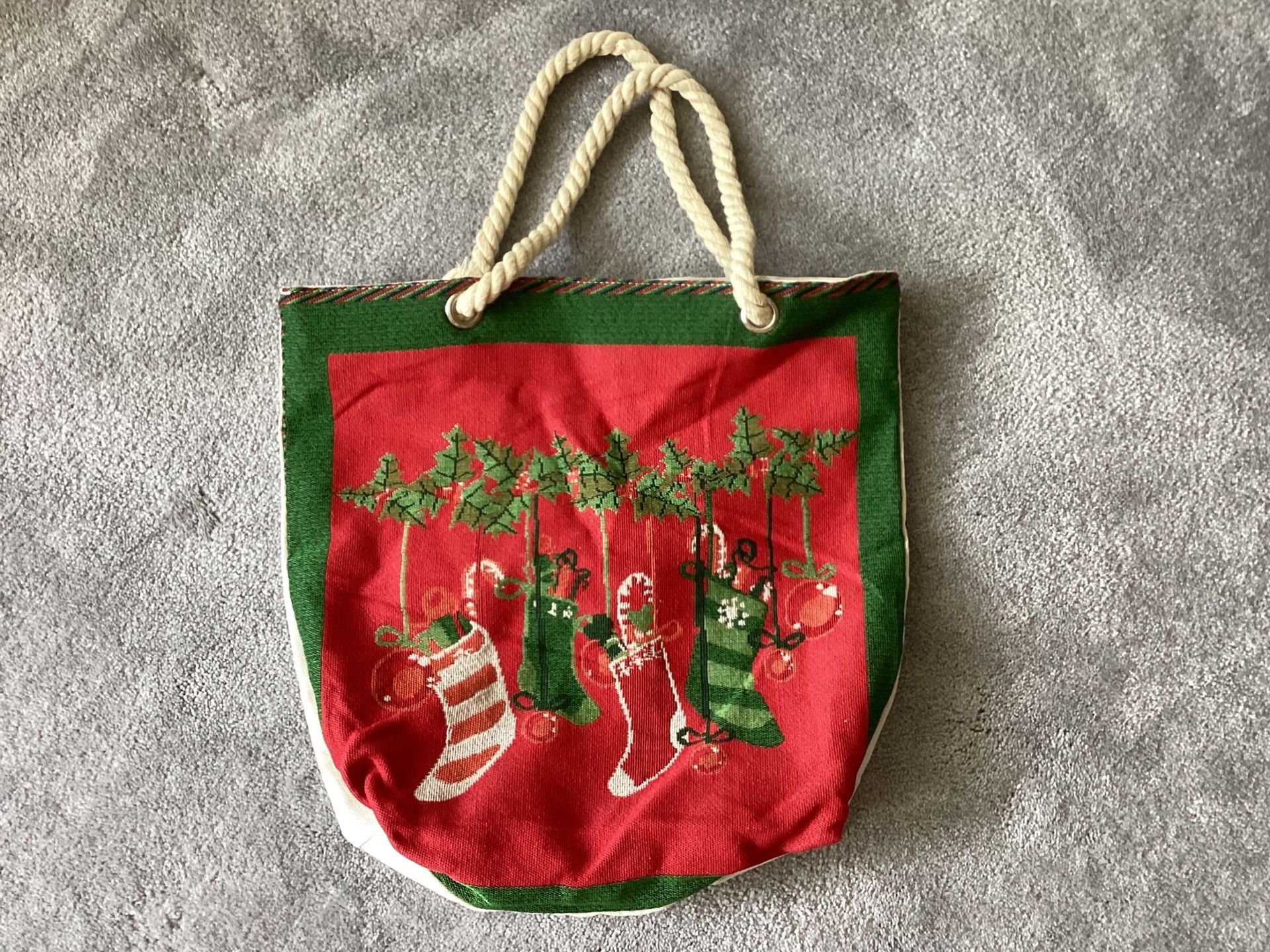 NEW Large Christmas Canvas Embroidered Tote Rope Handles 16” x 17” Zip Closure Gift Bag Holiday Themed