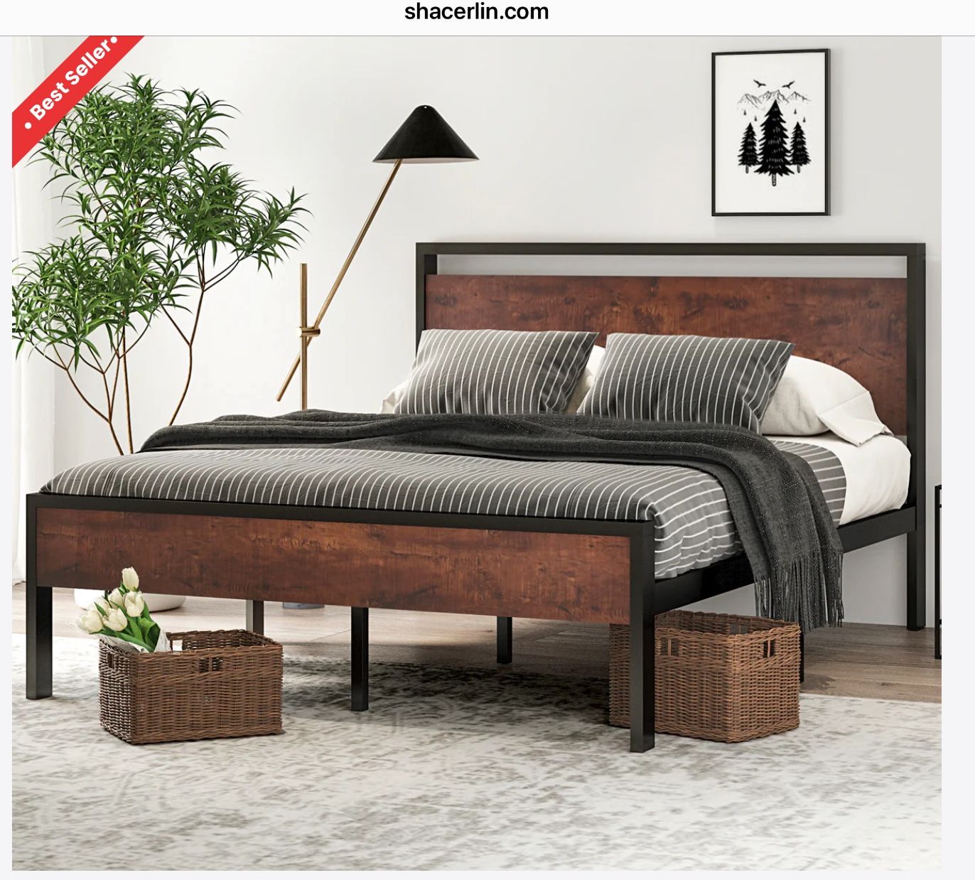 Queen Size Metal Platform Bed Frame with Wooden Headboard and Footboard