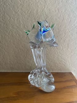 Clear Art Glass Kissing Love Birds on Small Frosted Glass Branch Trunk - 6” tall