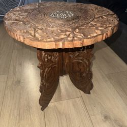 Vintage India Hand Carved Teak Wooden Folding Accent Table With Inlay