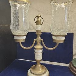 Vintage Crackled Glass Brass Mother of Pearl Inlay Candlestick Holder Candleaba