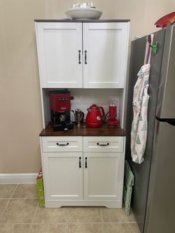 White Coffee Hutch with upper/lower cabinets and two drawers