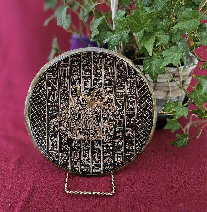 Pharaoh's Legacy: Hand-Etched Ancient Egyptian Brass Plate with Hieroglyphic Majesty