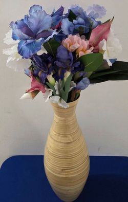 *** CLEARANCE *** Natural Bamboo Vase w Faux Bouquet (Iris, Plumeria, Lily, Orchid) @ Lasting Creations
