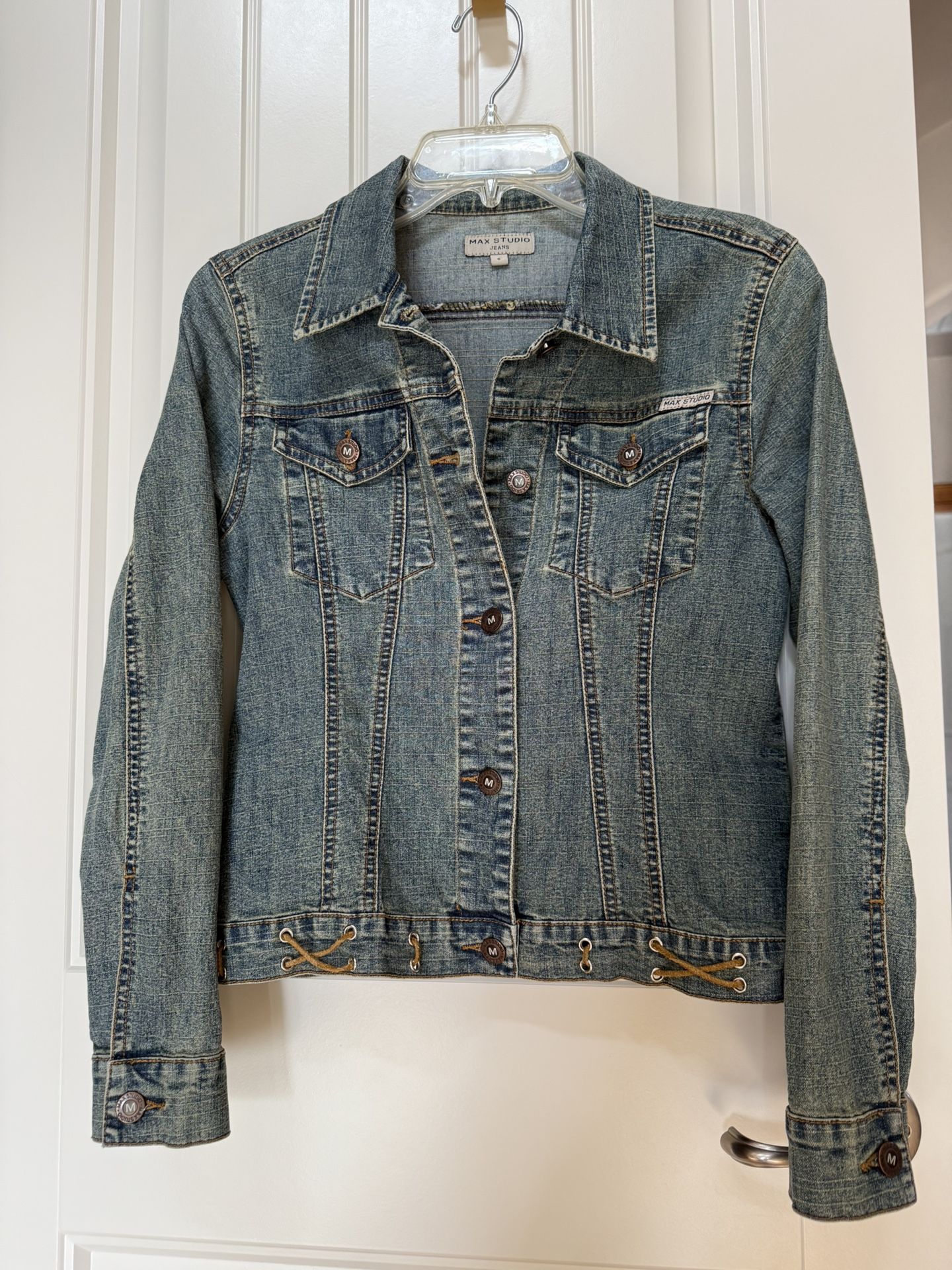 Max Studio denim jacket/brown suede code detail small in excellent condition