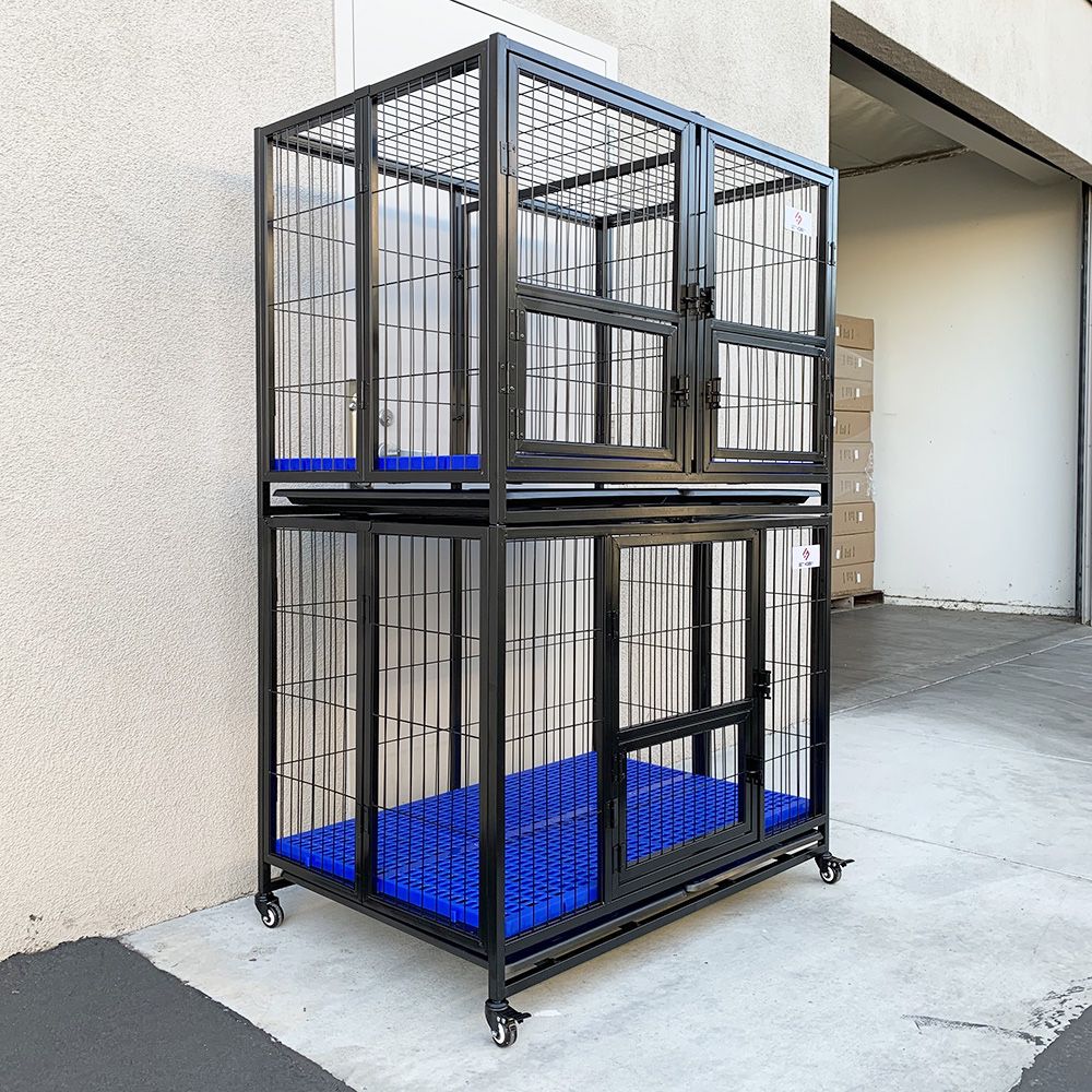New $450 (Set of 2) Stackable Dog Cage 43x30x65” Heavy Duty Kennel w/ Plastic Tray 