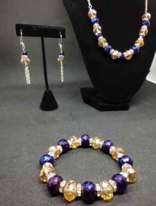 Purple and Amber Glass Beaded Handmade Jewelry Set 