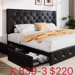 King Size Black Metal Faux Leather Platform Bed Frame with 4 Drawers(839-3)