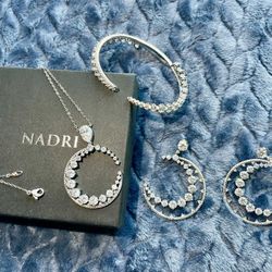NEW Set​ of 4  Nadri Cubic Zirconia Half Moon Crescent​ 32" Long Pendant Necklace, Large Earrings​ & Bracelet Cuff