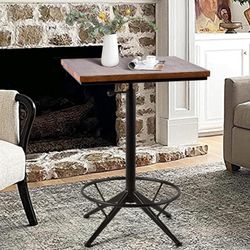 Bar Table, 30.3"-35.5" Tall Adjustable Bar Height, 23.7" Swivel Square Wood Top Metal Base, Whiskey Standing Pub Dining Cafe Table Sofa Console Table,