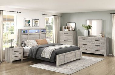 Modern style grey bedroom set features LED light, bluetooth speakers