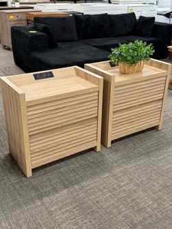 Set of 2, Fluted Nightstand with Charging Station - 25" Tall Mid Century Modern Night Stands with 2 Drawers, Large Bedside Table for Bedroom, Sofa Sid