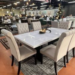 7 Pcs Marble Dining Room Set Table and 6 Velvet Chairs Sherry
