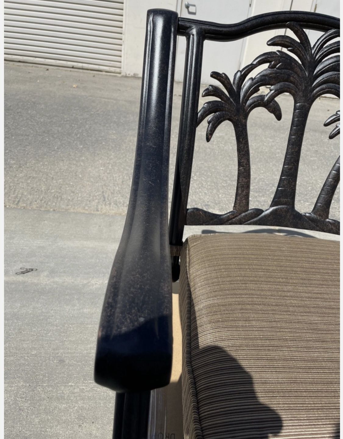 Propane fire pit outdoor grill table 6 Palm Tree swivel rockers with cushions.