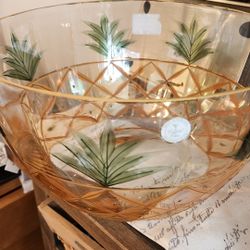 Crystal Clear Pineapple Bowl 11" Mouthblown Hand Painted Glass 22K Gold Romania