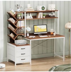 White & Brown Reversible Computer Desk with Hutch