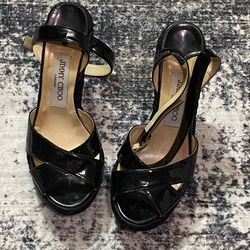 Jimmy Choo Black Patent Espadrille Platform Sandals, Size 6.5.