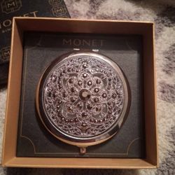Monet Compact Mirror magnified & regular gunmetal stones filigree silver tone